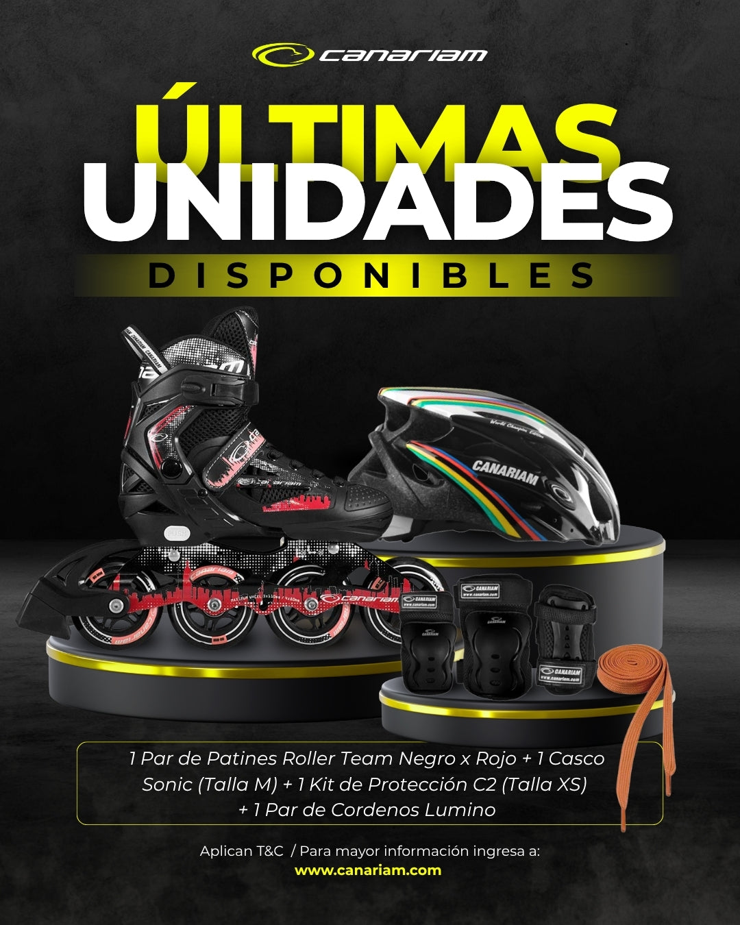 Promo: Roller Team (Negro x Rojo) + Casco Sonic (Talla M) + Kit C2 (Talla: XS) + 1  Par de Cordones Lúmino