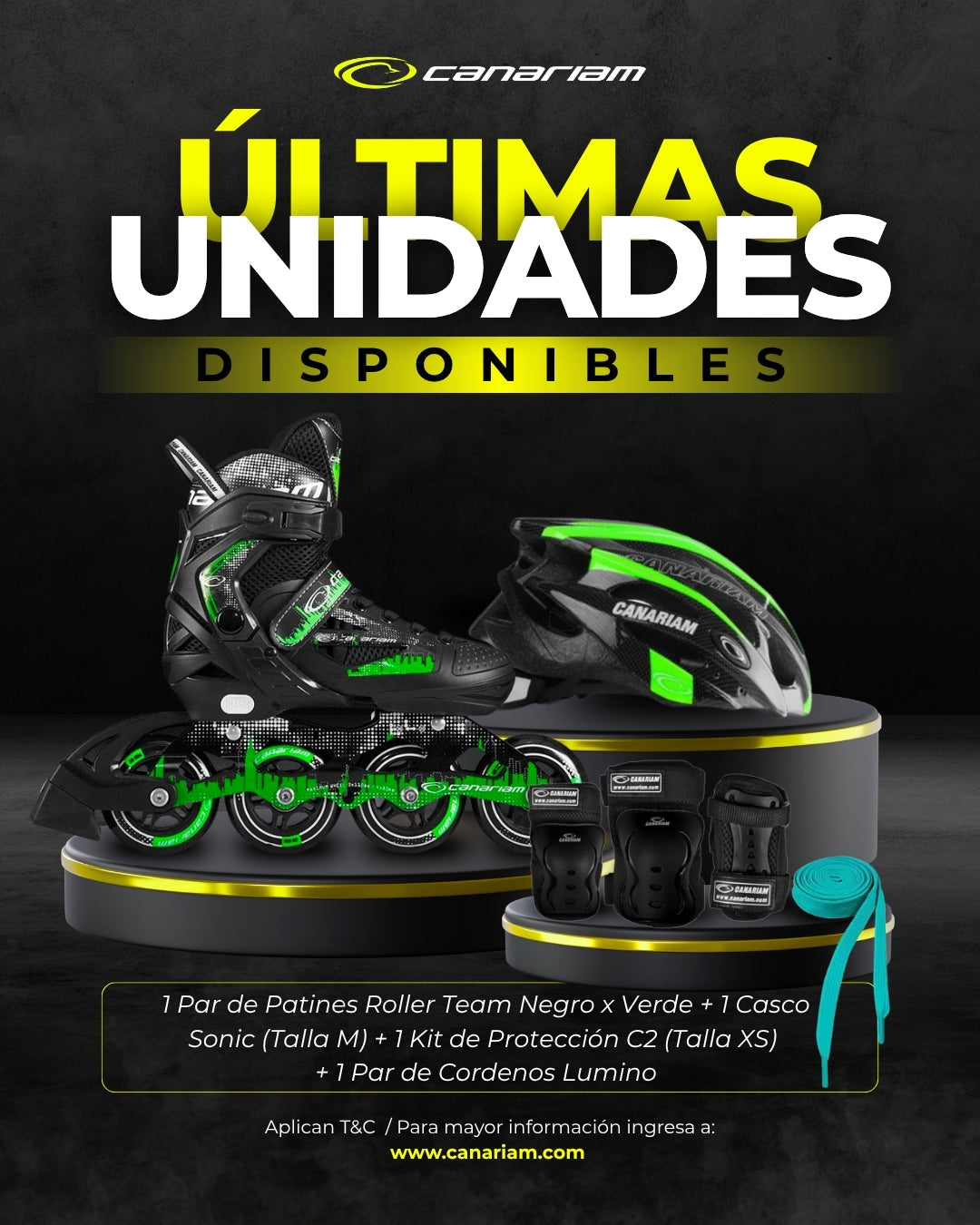 Promo: Roller Team (Negro x Verde) + Casco Sonic (Talla M) + Kit C2 (Talla: XS) + 1  Par de Cordones Lúmino