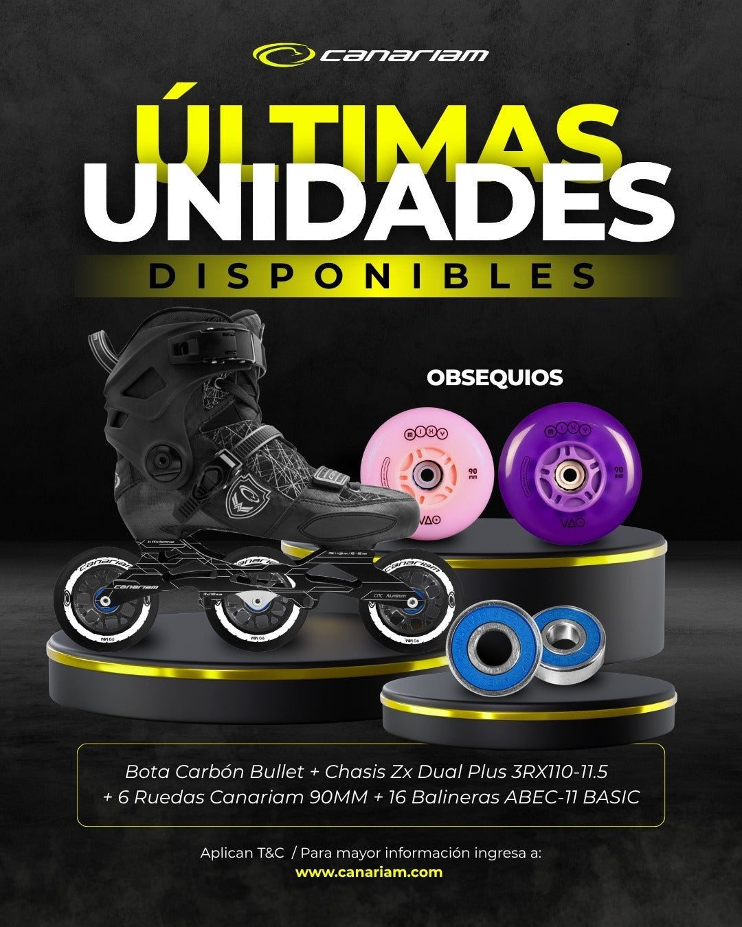 Promo: Carbon Bullet ZX Dual 11.5 Canariam 3x110mm + Obsequio: 2 Ruedas VAO Mixy + 12 Balineras ABEC-11 Basic