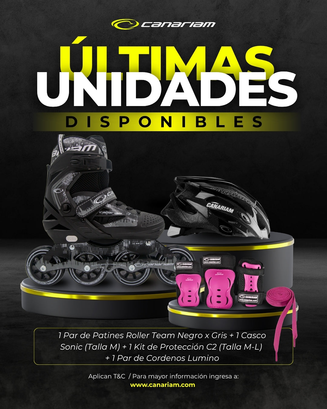 Promo: Roller Team (Gris x Negro) + Casco Sonic (Talla M) + Kit C2 Fucsia (Talla: M / L) + 1  Par de Cordones Lúmino