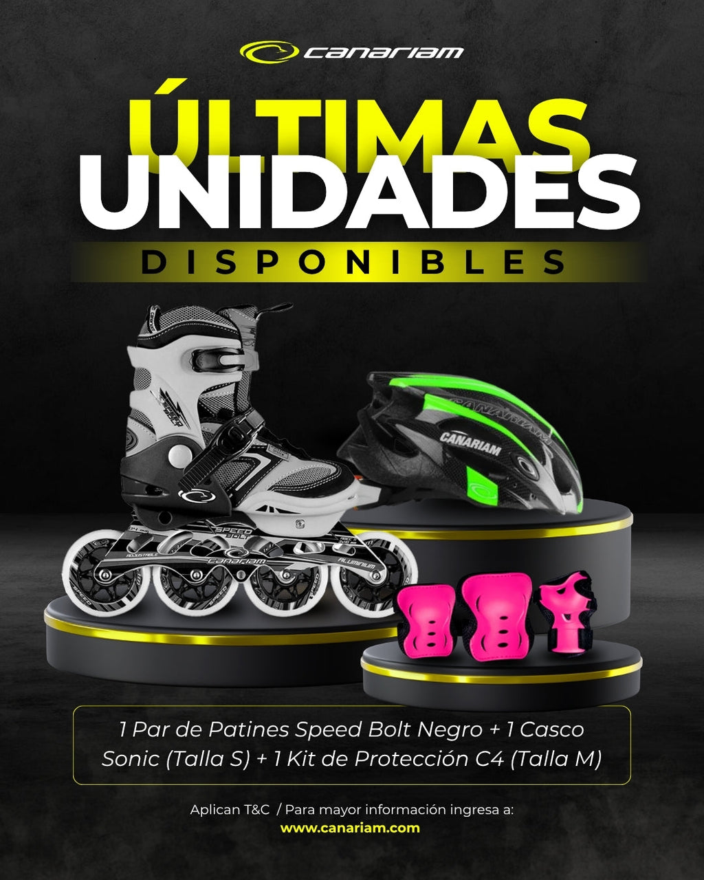 Promo: Patín Speed Bolt Negro + Casco Sonic (Talla S) + Kit de Protección C4 (Talla M)