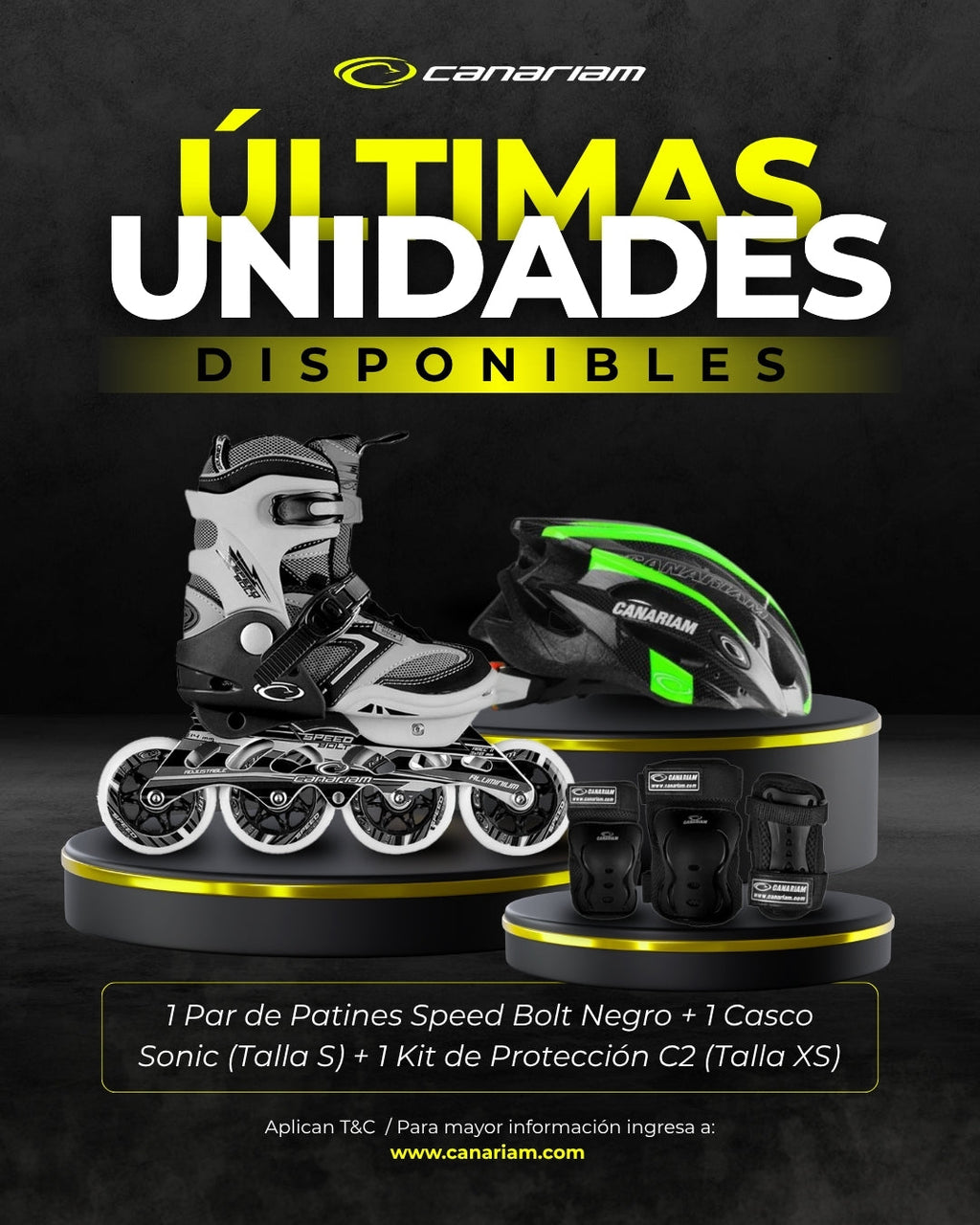 Promo: Patín Speed Bolt Negro + Casco Sonic (Talla S) + Kit de Protección C2 (Talla: XS)
