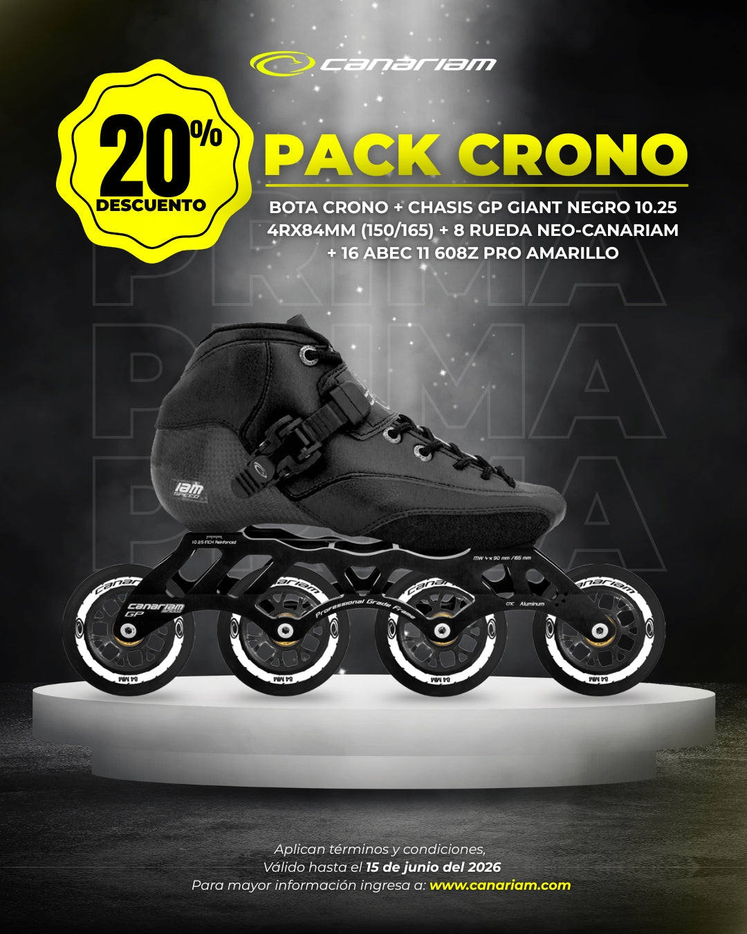 Promo: Crono + Chasis GP Giant 10.25 + Ruedas Canariam NEO 80/84mm + 16 Balineras ABEC 11