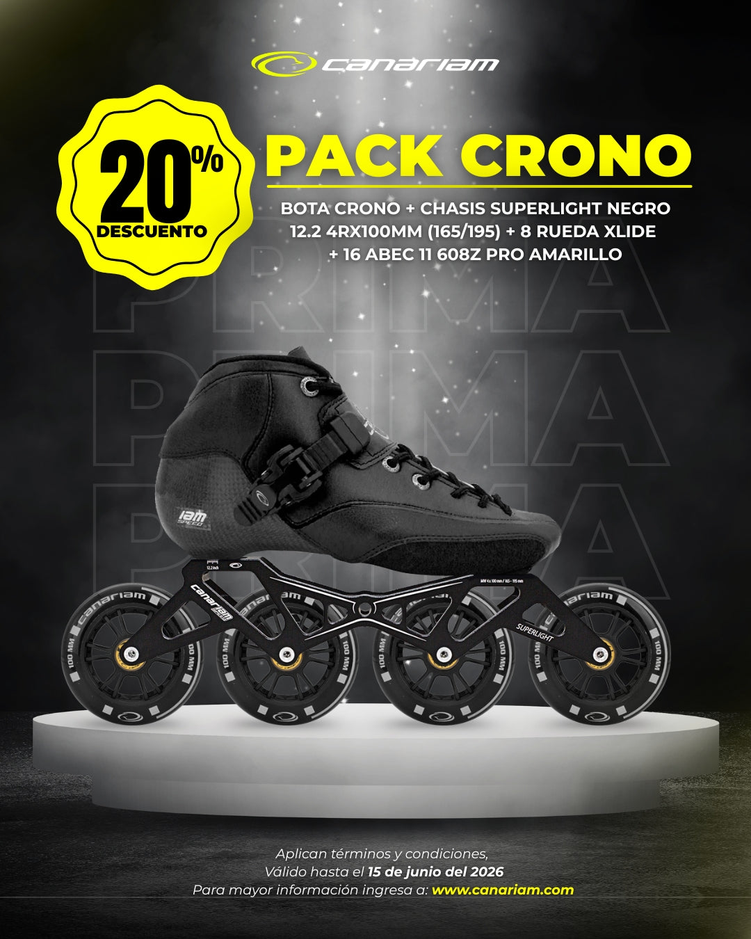Promo: Crono + Chasis Superlight 12.2 Xlide 4x100mm + 16 Balineras ABEC 11 PRO Amarillas