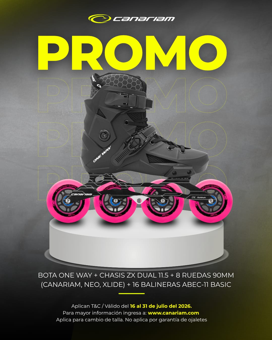 Promo: One Way ZX Dual Canariam/NEO/Xlide 90mm + 16 Balineras ABEC-11 Basic